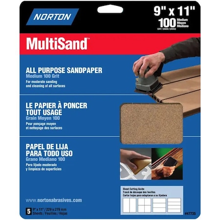 Norton Co 9" x 11" MultiSand All Purpose Sanding Sheet 100-Grit, PK 5 47735